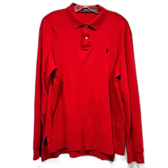 Polo Ralph Lauren Blue Label Retro 100% Cotton Long Sleeve Polo Shirt Red Mens L - Picture 1 of 8